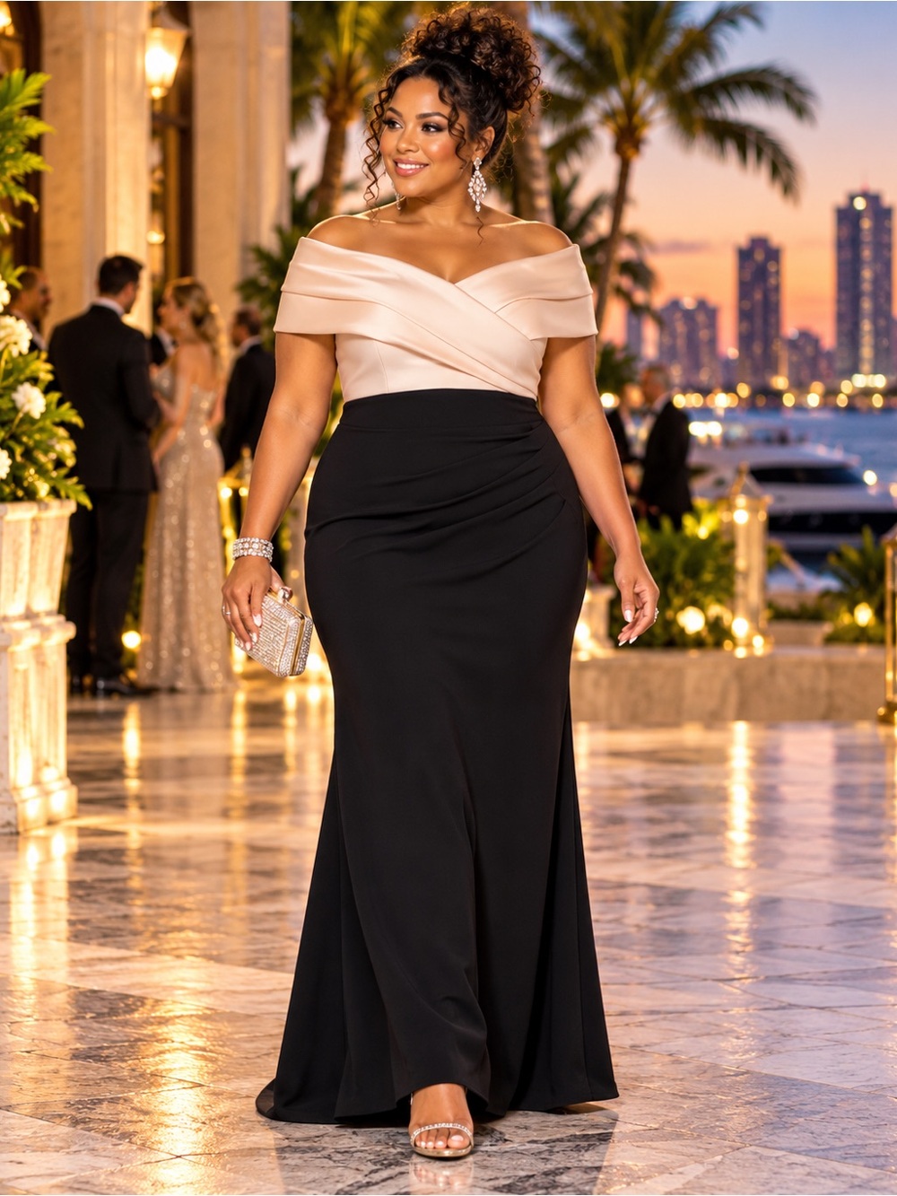 Betsy & Adam NWT Off-Shoulder Gala Gown Black/Champagne 16W